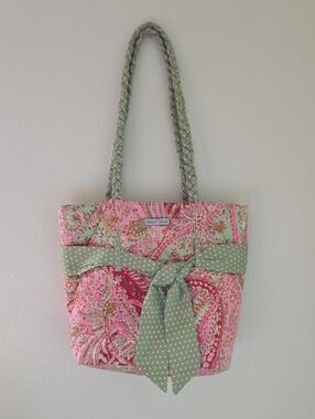 Pink Floral Tote with Sage Polka Dot Bow by